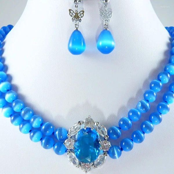 Conjunto de Collar y pendientes con cuentas de ópalo azul, Gargantilla de dos capas, joyería de mariposa, cristal CZ, Collar llamativo de circón para mujer