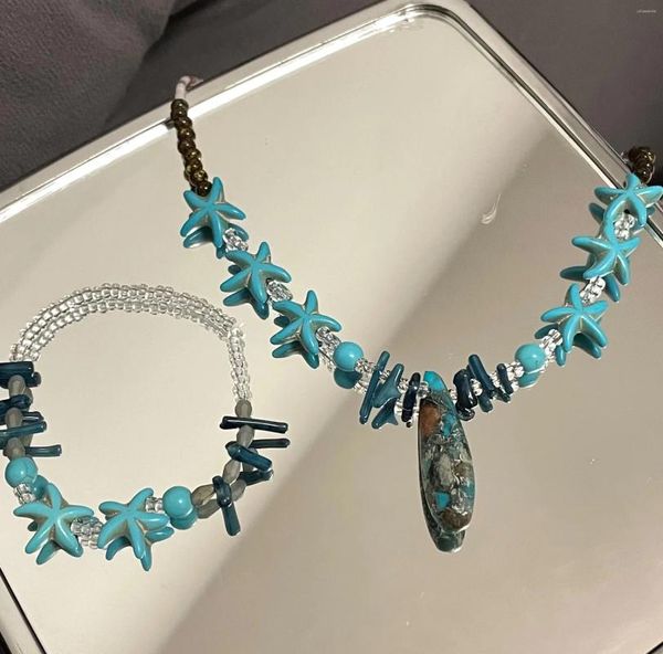 Ensemble de collier et boucles d'oreilles en pierre naturelle, étoile bleue, Vintage en métal pour femmes, collier de luxe, chaîne de cou, bijoux
