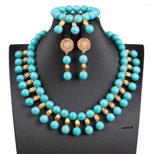 Ensemble de collier et boucles d'oreilles en pierre bleue pour femmes, bijoux africains, bavoir épais, fête de déclaration, TN051