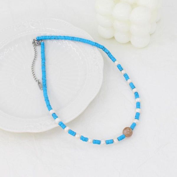 Conjunto de pendientes de collar, perlas de agua dulce naturales turquesas azules, joyería hecha a mano, abalorio de acero inoxidable, accesorios impermeables