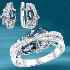 Ketting Oorbellen Set Blauw Zirkoon Voor Vrouwen Moissanite Crystal Ring Valentijnsdag Gift Bruiloft Sieraden Conjuntos De Joyeria