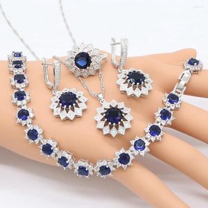 Ketting oorbellen set blauw zirkoon zilveren kleur kostuum vrouwen met stenen armbanden hanger ringen sieraden geschenkdoos