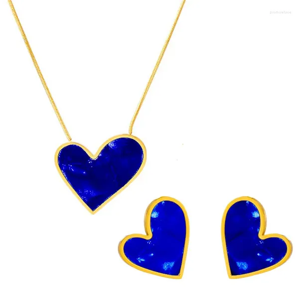 Ensemble collier et boucles d'oreilles pour femmes, corps en acier inoxydable, bord en forme de cœur bleu, épingle d'oreille, os de serpent, bijoux pour dames
