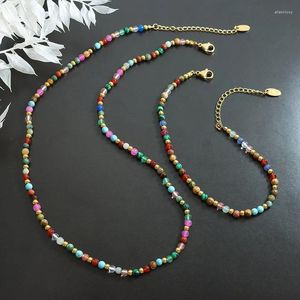 Ensemble de collier et boucles d'oreilles bohème, perles en pierre naturelle colorée, Bracelet de perles de graines de cristal réglables pour femmes et filles