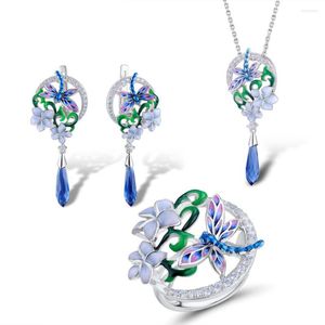 Ketting oorbellen set bohemia sieraden voor vrouwen zirkoon crystal handgemaakte emailbloem dragendefly ring hanger trendy