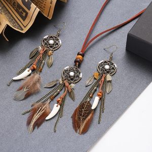 Collier Boucles D'oreilles Ensemble Bohême Rétro Attrape Rêve Femmes Long Gland Ensembles Alliage Feuille Pendentif Brun Plume Kolczyki Bijoux Vintage