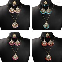 Collier boucles d'oreilles ensemble bohême brillant strass fleur gland pour femmes filles coloré Vintage anneaux bijoux cadeaux