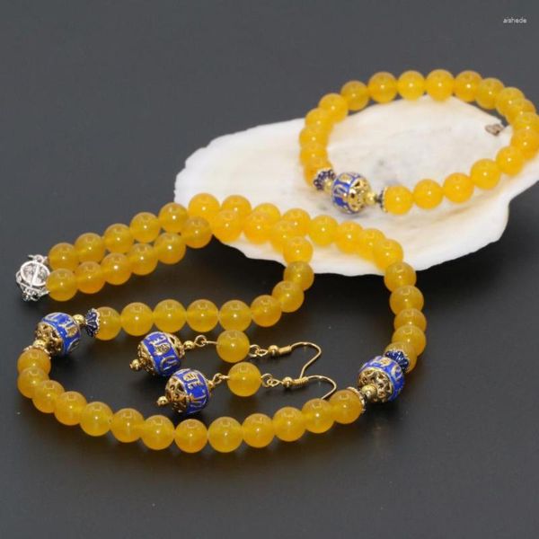 Ketting Oorbellen Set Bohemen Stijl Ontwerp Geel Jades Chalcedoon Steen Ronde Kralen 8mm Armbanden Vrouwen Sieraden B2680