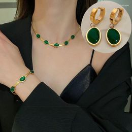 Ketting Oorbellen Set Bohemen Stijl Roestvrij Staal Vintage Smaragd En Edelsteen Slang Bot Choker Armband Gouden Sieraden Voor Vrouw