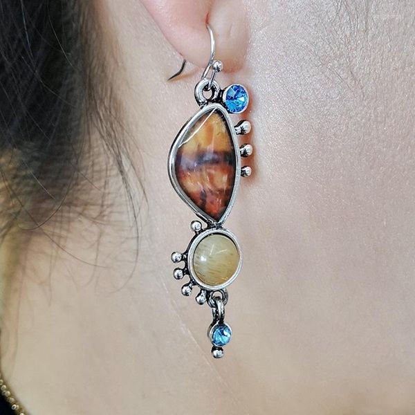 Collier Boucles D'oreilles Ensemble Bohême Vintage Irrégulier Naturel Tigre Pierre Longue Boucle D'oreille Pour Les Femmes Boho Ethnique Bleu Cristal Dangle Inde