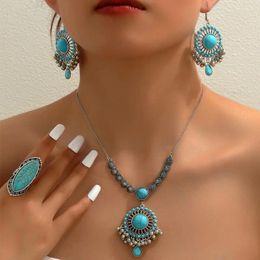Ensemble de boucles d'oreilles et collier bohème pour femmes, perles en pierre bleue, mode cristal, chaîne de perles, boucles d'oreilles et pendentif, bijoux Boho