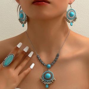 Ketting Oorbellen Set Boheemse Blauwe Steen Kralen Voor Vrouwen Mode Kristal Parelketting Druppel Oorbel En Hanger Boho Sieraden