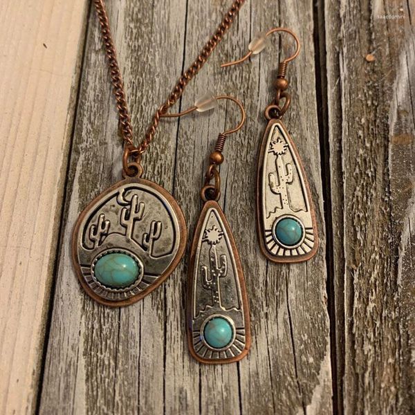 Conjunto de pendientes de collar bohemio tallado Cactus piedra azul mujeres étnico bronce Metal incrustaciones joyería Natural