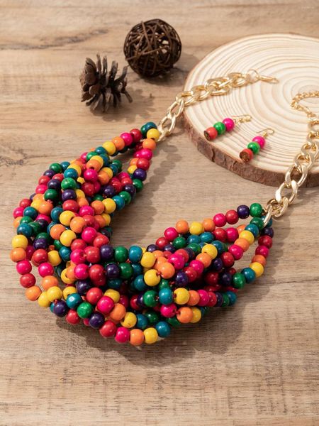 Collier boucles d'oreilles ensemble bohème exotique rétro en bois pull chaîne vêtements accessoires coloré perlé