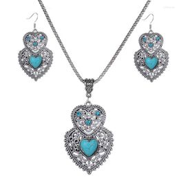 Ketting oorbellen set Boheemian Retro National Double Heart Blue Crystal Hanger Pak Groothandel gratis cadeau