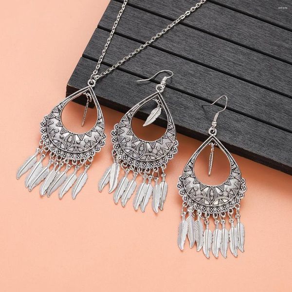 Ensemble de boucles d'oreilles et collier bohème, pendentif goutte d'eau, Long pampille, feuille pendante, plume, bijoux pour filles, boucle d'oreille en métal de fête