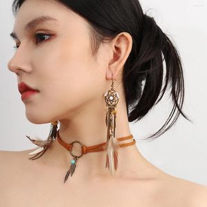 Ensemble collier et boucles d'oreilles Boho ras du cou attrape-rêves pour femmes, rétro, longue plume, pompon, feuilles en cuir marron, pendentif, bijoux