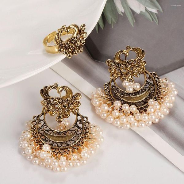 Collier boucles d'oreilles ensemble Boho ethnique couleur or paon sculpté boucle d'oreille pour les femmes rétro géométrique perle gland Jhumka bijoux de mariage