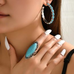 Conjunto de collar y pendientes, anillo bohemio para mujer, aro de piedra turquesa, joyería Vintage ajustable para dedo