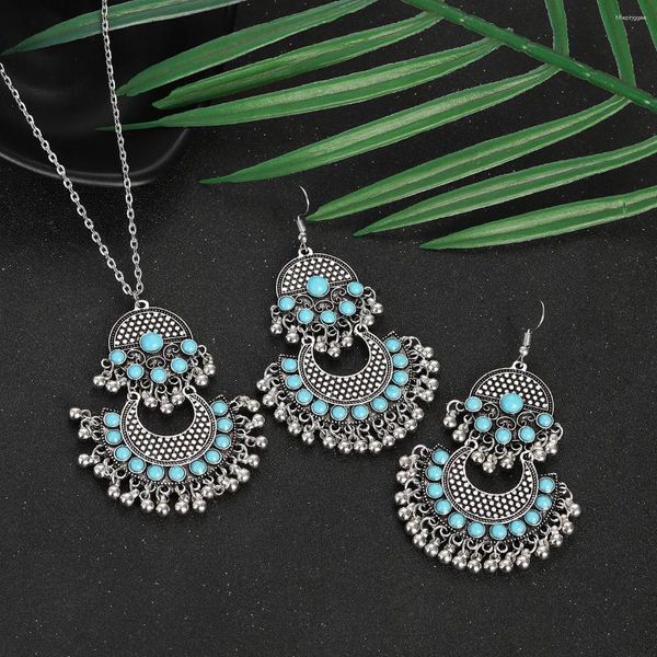 Ensemble de boucles d'oreilles et collier pour femmes, style Boho, couleur argent, géométrique, Vintage, Turquoises, perles, gitane, Oorbellen Jhumka