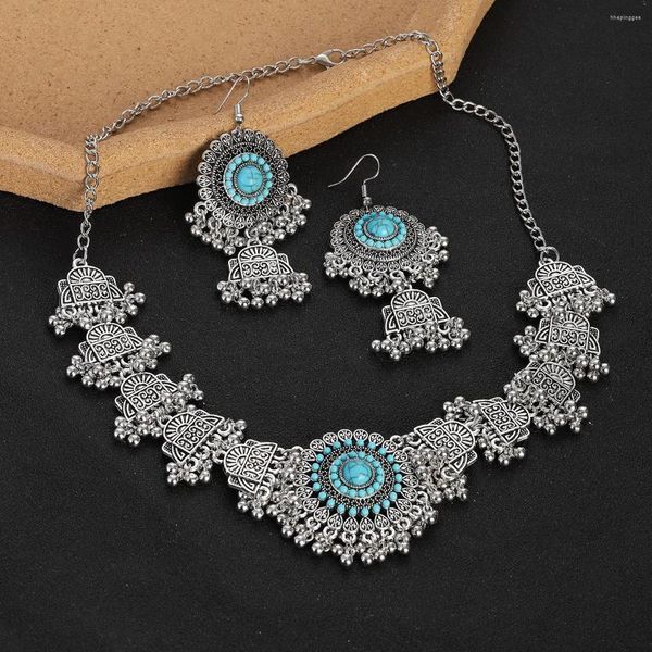 Ensemble collier et boucles d'oreilles Boho Vintage, perles bleues, Turquoises, plaqué argent, sculpture géométrique, cadeaux d'anniversaire pour femmes