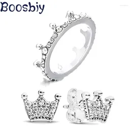 Boosbiy – ensemble de boucles d'oreilles et collier, couronne en cristal, bague avec bijoux fins, fiançailles de mariage pour femmes, Style européen, cadeau plaqué argent