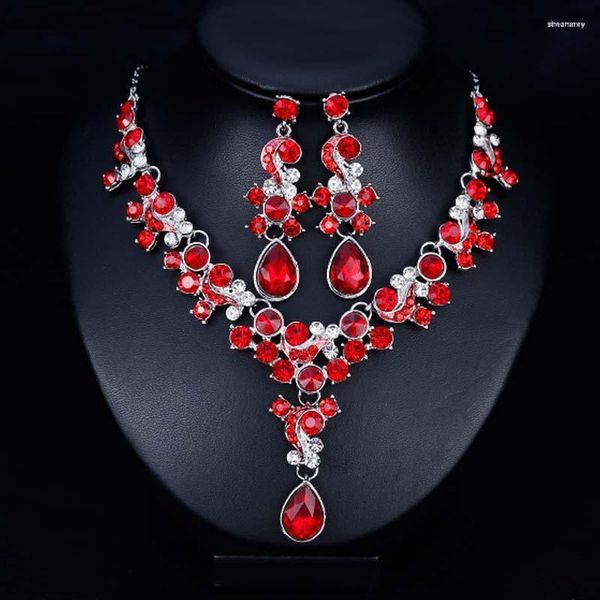 Conjunto de collar y pendientes Boutique de cristal rojo con diamantes de imitación y pendientes colgantes para mujer, desfile de bodas, fiesta, graduación, joyería para novias BH