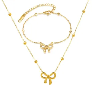 Ketting Oorbellen Set Boogarmband Voor Vrouwen Meisjes Strik Choker 14K Vergulde Lint Kettingen Mode-sieraden Geschenken