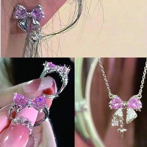 Conjunto de collar y pendientes con lazo y circonita para mujer, anillos de cristal rosa a la moda, regalos de joyería de fiesta para niña