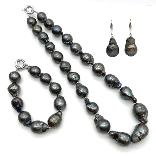 Collier boucles d'oreilles ensemble Bracelet boucle d'oreille 13mm-22mm baroque irrégulier noir gris couleur nucléée forme de boule de flamme perle d'eau douce naturelle