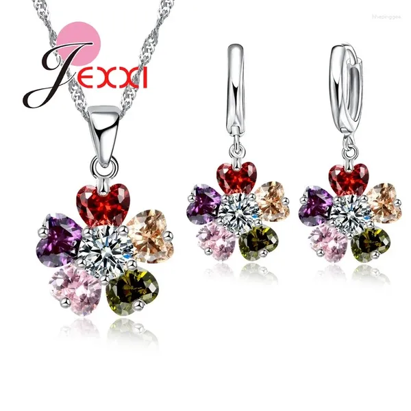 Collar Pendientes Conjunto Marca Corazón CZ Cristal Fiver Forma de flor 925 Conjuntos de joyas de plata esterlina Mujeres Moda Accesorios de boda nupcial