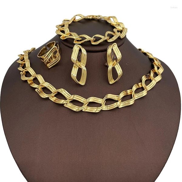 Ensemble collier et boucles d'oreilles brésilien plaqué or 18 carats, bijoux pour femmes, bague bicolore, mariée africaine