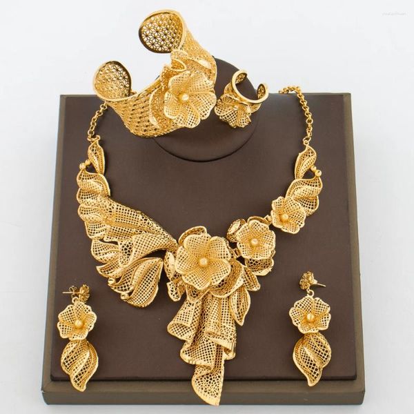 Ensemble de boucles d'oreilles et collier, bijoux brésiliens plaqués or, Design de fleurs, Bracelet africain de mariée, bague pour bijoux d'anniversaire