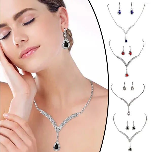 Ensemble de boucles d'oreilles et collier pour femmes, accessoires de mariée, mode européenne et américaine, perceuse complète, col en V, pendentif goutte d'eau, chaîne de perles