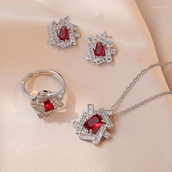 Ensemble de collier et boucles d'oreilles de mariée rectangulaires en pierre rouge, anneau géométrique, pendentifs, couleur argent, colliers de mariage en Zircon pour femmes, CZ