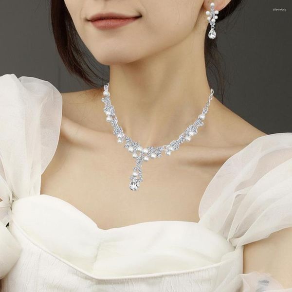 Conjunto de pendientes de collar, pendientes de novia, exquisitos kits de diamantes de imitación de perlas de imitación para fiesta de boda, cóctel de graduación de lujo