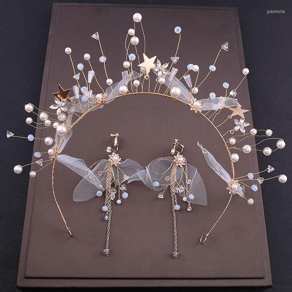 Collier boucles d'oreilles ensemble mariée ornements faits à la main gaze de soie coréenne cinq étoiles tête de bande de cheveux avec accessoires de robe de mariée NA