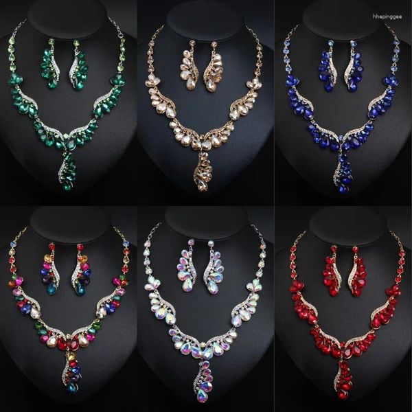 Ensemble de boucles d'oreilles et collier pour mariée, ensemble de 2 pièces de luxe en strass, goutte d'eau, bijoux élégants pour femmes, fête de bal, mariage, accessoires en cristal