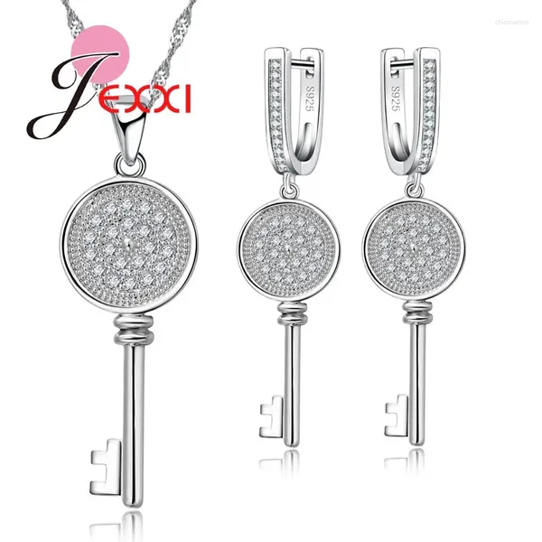 Collar Pendientes Set Bridel Plata de ley 925 Zircon Rhinestones Llave Colgante Cristal para Mujer