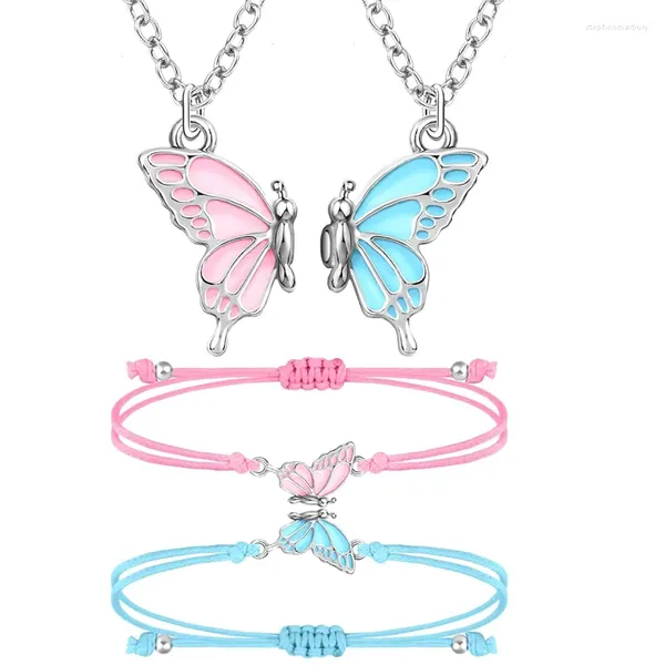 Ensemble de 2 colliers et boucles d'oreilles papillon, Bracelet d'amitié, rose et bleu, Bracelets assortis, cadeaux pour femmes et amies