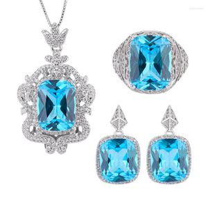 Ketting oorbellen Set karakteristieke modestijl vrouwelijke sieraden met prachtige blauwe stenen vontage ring
