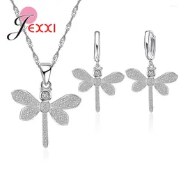 Ketting Oorbellen Set Charm Hanger Dragonfly Kettingen Sieraden Vrouwen Kubieke Zirkoon Bruids 925 Sterling Zilveren Bruiloft Sieraden