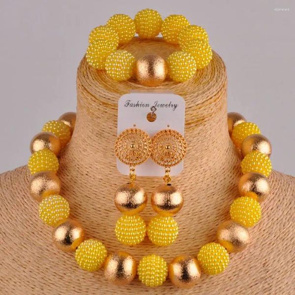 Conjunto de collar y pendientes con cuentas de perlas de imitación, joyería amarilla para mujer, novia nigeriana, XX-69 africana para boda