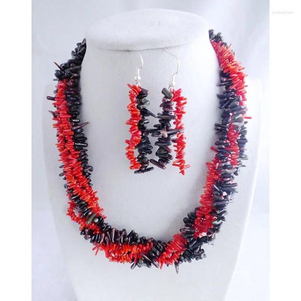 Ensemble de boucles d'oreilles et collier, charmant corail rouge naturel noir, bijoux de Costume africain, ensembles de perles irrégulières, faits à la main, 19 pouces