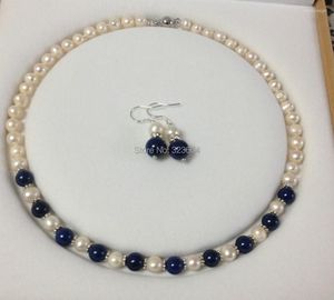 Collier Boucles d'Oreilles Ensemble Charmant!Perle de Culture Akoya Blanche/Lapis Lazuli