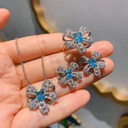 Collier Boucles D'oreilles Ensemble Charms Mer Bleu Cristal Bowknot Os Chaîne Boucle D'oreille Bague Papillon Pour Les Femmes Bijoux De Noce Cadeau Robe Acce