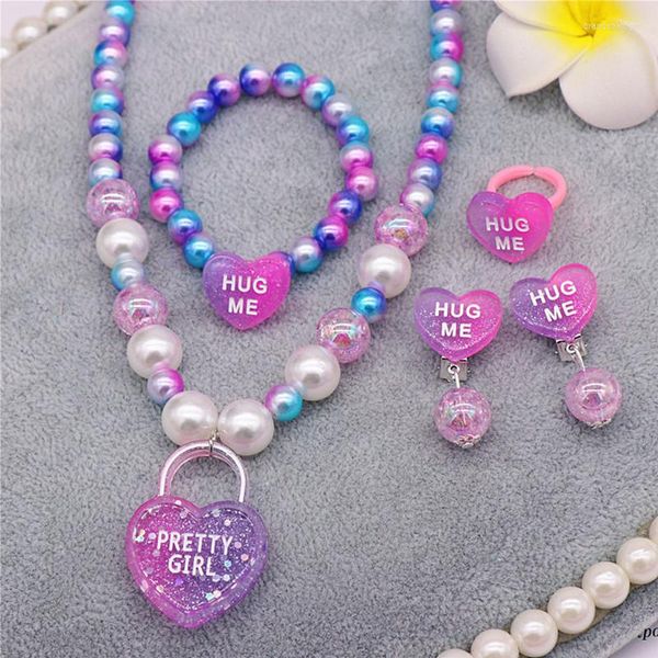 Conjunto de collar y pendientes, pulsera para niños, anillo, pendiente, bonito bloque de color de resina, llave de bloqueo de amor, accesorios de joyería, regalos