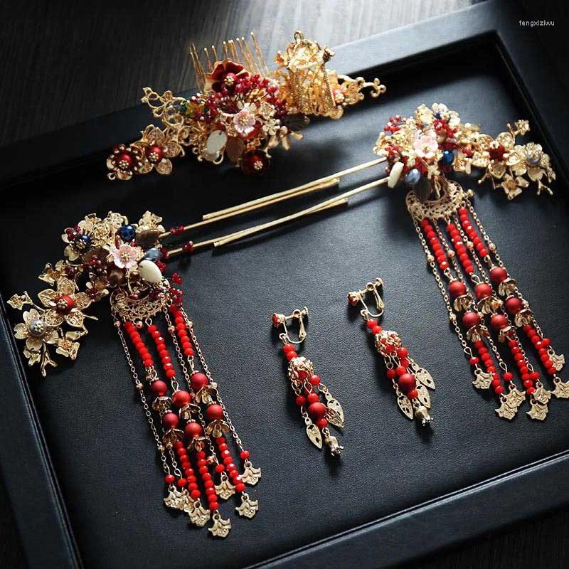 Halskette Ohrringe Set chinesische lange Haar Stick Tiara Kopfschmuck Frauen Zubehör Kopfbedeckung Blume Perle Pins handgemachte Hanfu Schmuck