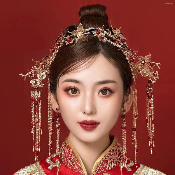 Ensemble de boucles d'oreilles et collier en épingle à cheveux de Style chinois, accessoires de cheveux de mariage rétro pour femmes, perles rouges, diadèmes à pampilles avec bijoux pendants