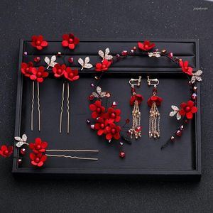 Ketting Oorbellen Set Chinese Traditionele Kostuum Jurk Tiara Rode Hoofddeksels Haarspelden Bruids Bruiloft Accessoires Lange Tassel